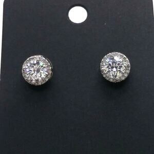 Moissanite Halo 2CT Stud Earrings Round VVS1 Sterling Silver 18K White Gold NEW
